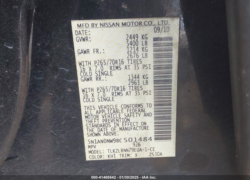 2011 NISSAN XTERRA VIN: 5N1AN0NW9BC501484