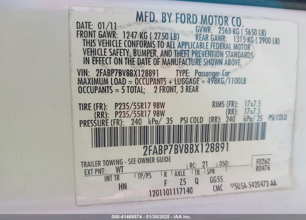 2011 FORD CROWN VICTORIA VIN: 2FABP7BV8BX128891
