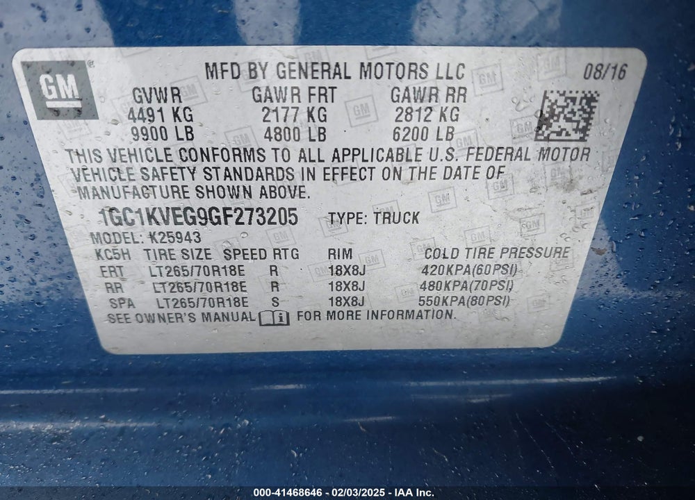2016 CHEVROLET SILVERADO VIN: 1GC1KVEG9GF273205