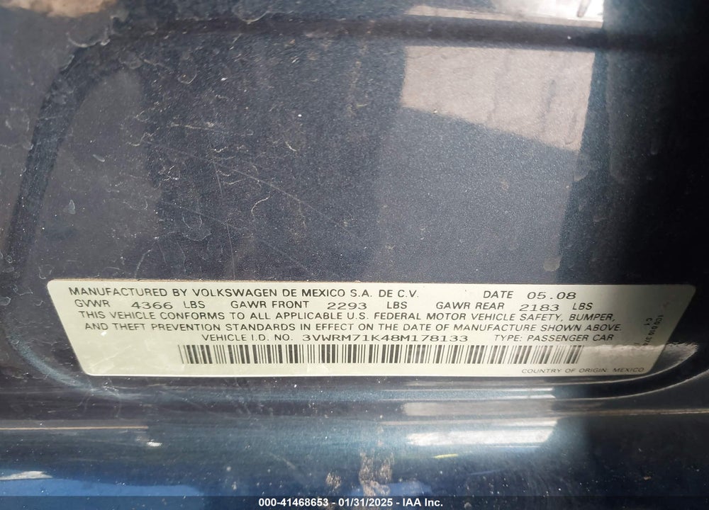 2008 VOLKSWAGEN JETTA VIN: 3VWRM71K48M178133
