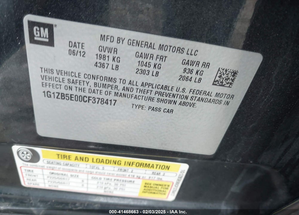 2012 CHEVROLET MALIBU LS VIN: 1G1ZB5E00CF378417