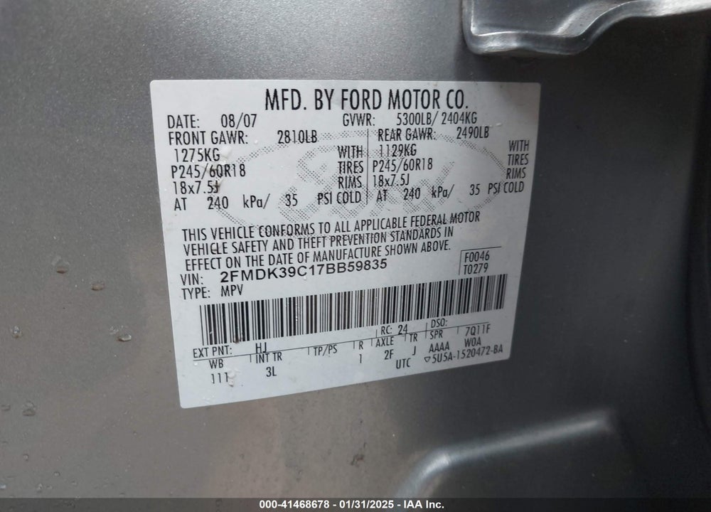 2007 FORD EDGE VIN: 2FMDK39C17BB59835