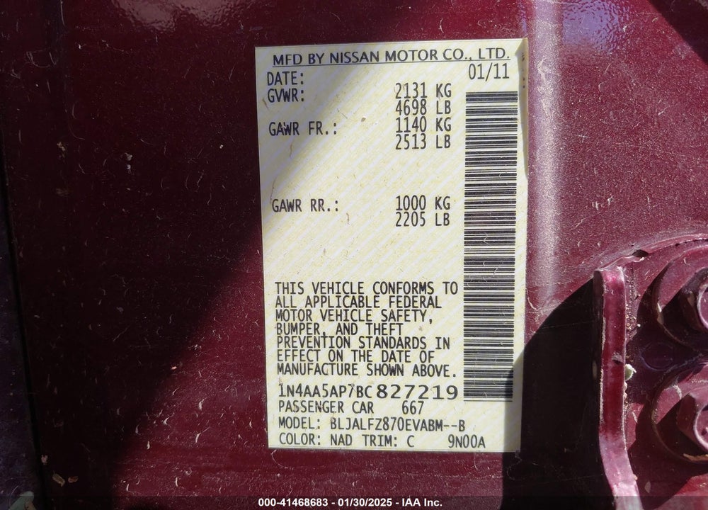 2011 NISSAN MAXIMA VIN: 1N4AA5AP7BC827219