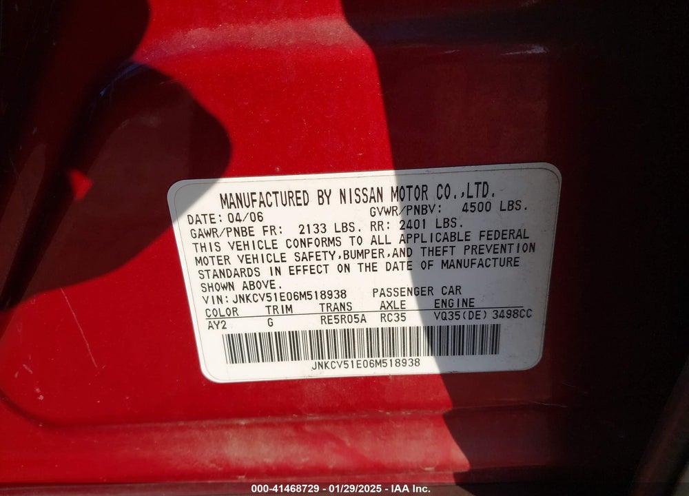 2006 INFINITI G35 VIN: JNKCV51E06M518938