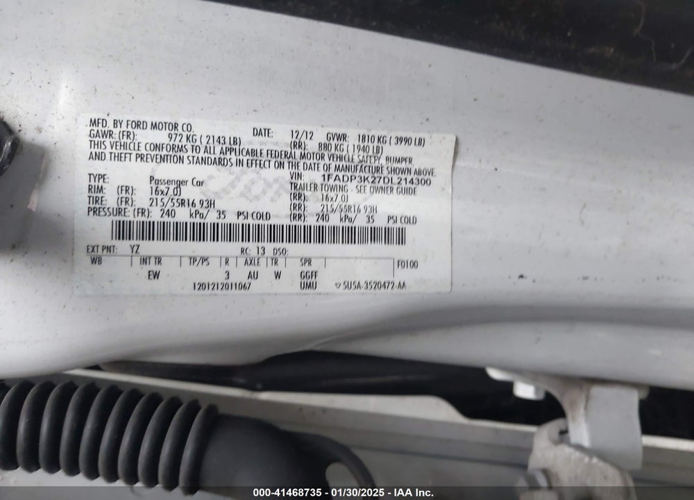 2013 FORD FOCUS VIN: 1FADP3K27DL214300