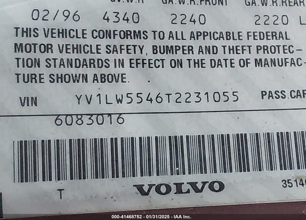 1996 VOLVO 850 GLT VIN: YV1LW5546T2231055