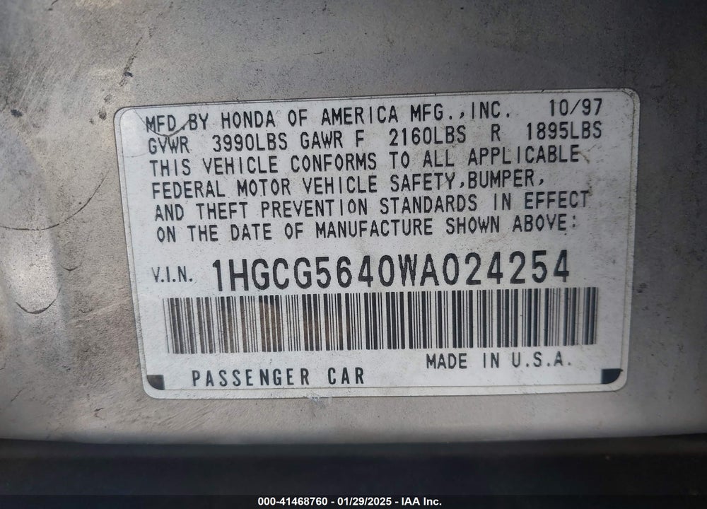 1998 HONDA ACCORD LX VIN: 1HGCG5640WA024254