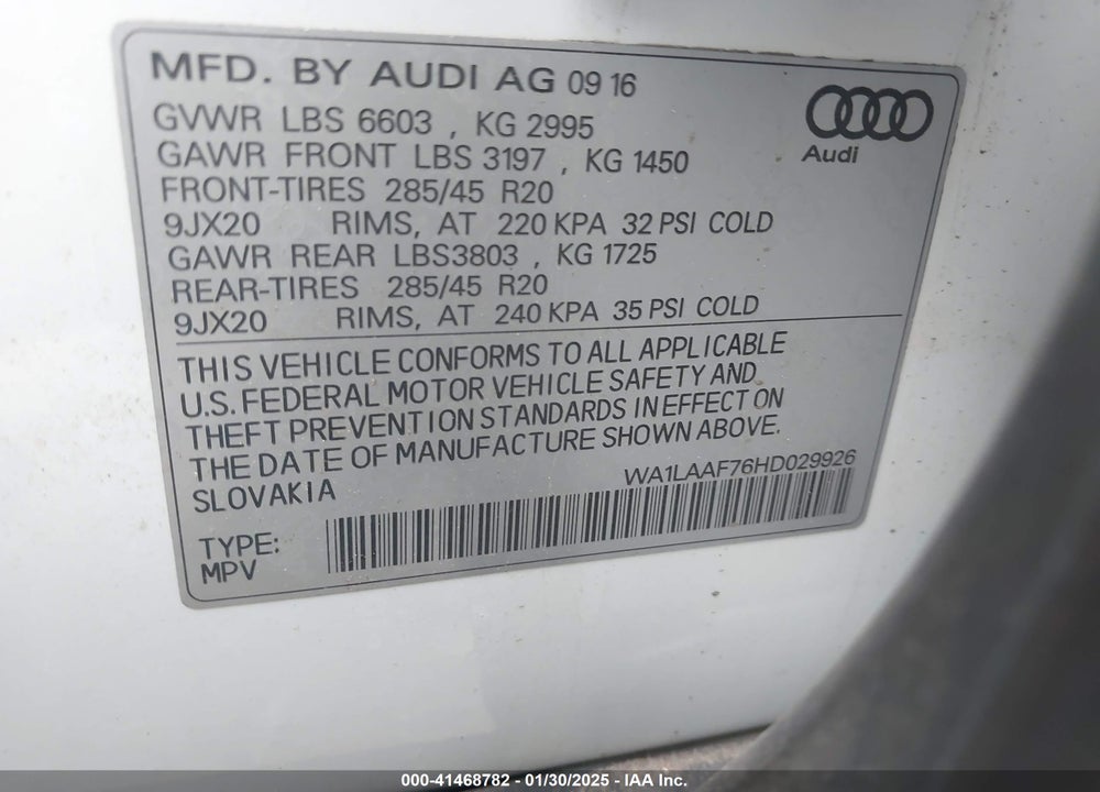 2017 AUDI Q7 3.0T PREMIUM VIN: WA1LAAF76HD029926