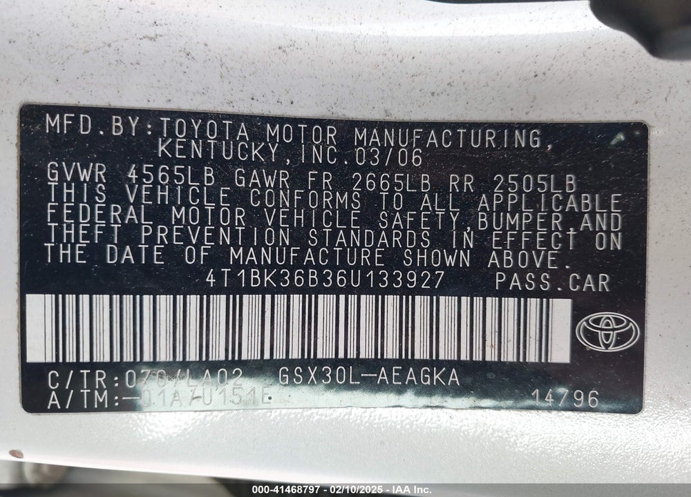 2006 TOYOTA AVALON VIN: 4T1BK36B36U133927