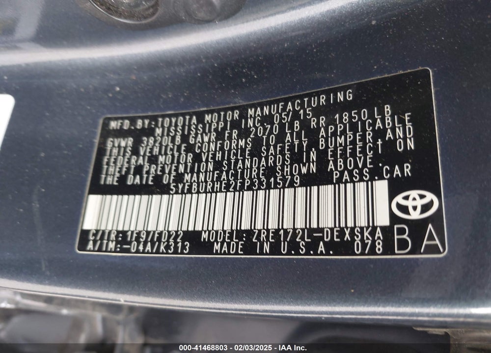 2015 TOYOTA COROLLA S PLUS VIN: 5YFBURHE2FP331579