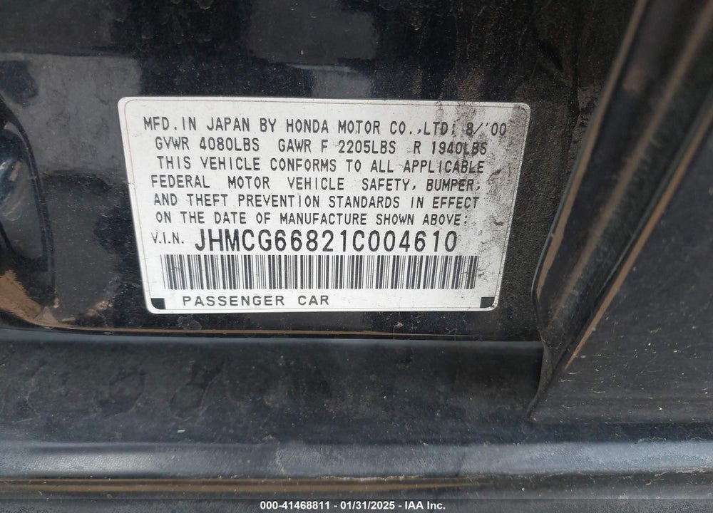 2001 HONDA ACCORD 2.3 EX VIN: JHMCG66821C004610