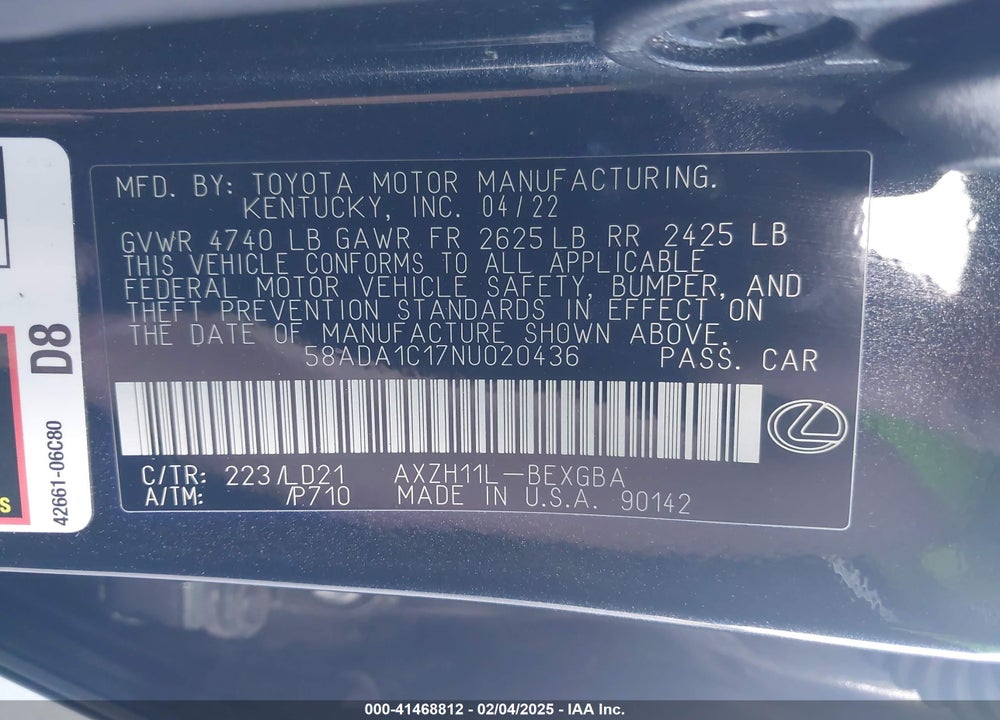 2022 LEXUS ES 300H VIN: 58ADA1C17NU020436