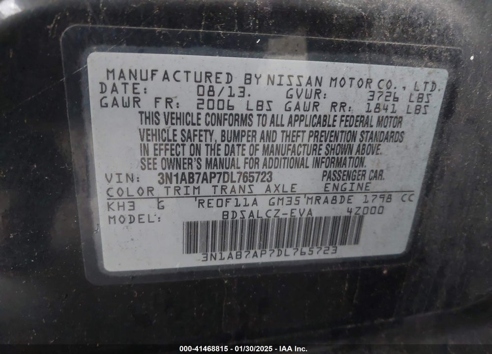 2013 NISSAN SENTRA S VIN: 3N1AB7AP7DL765723