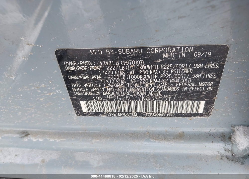 2019 SUBARU CROSSTREK VIN: JF2GTACC7K8395317