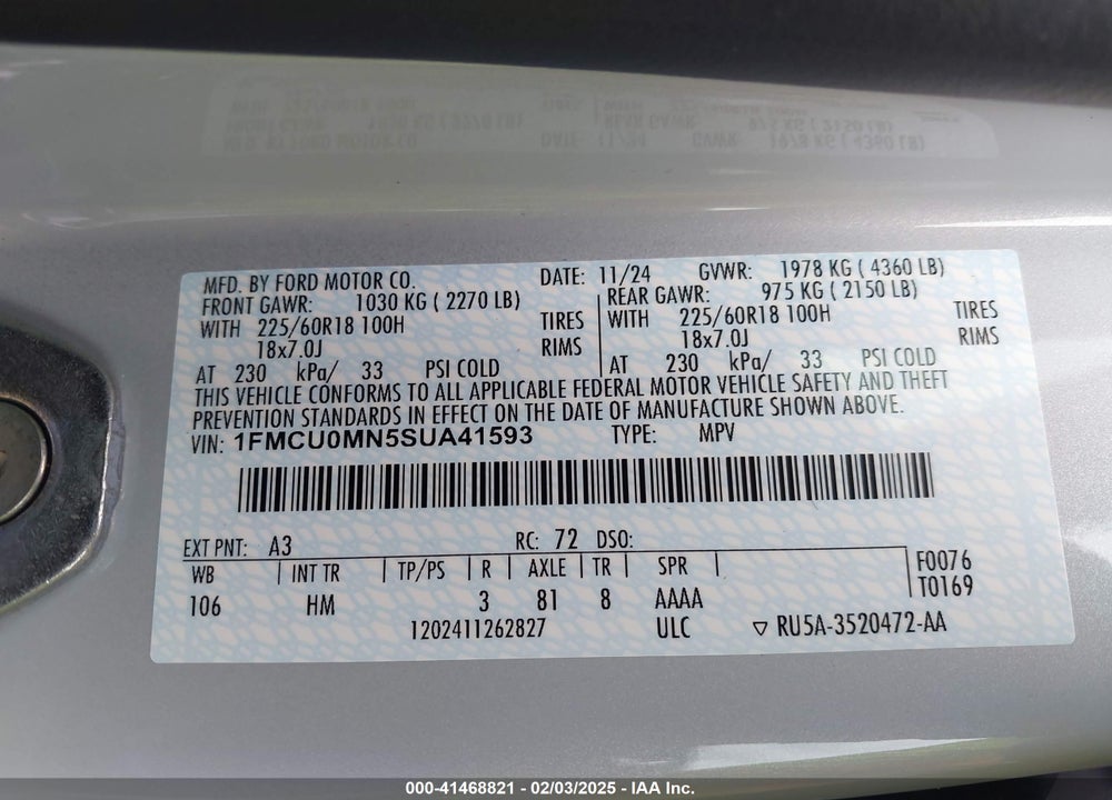2025 FORD ESCAPE ST LINE VIN: 1FMCU0MN5SUA41593