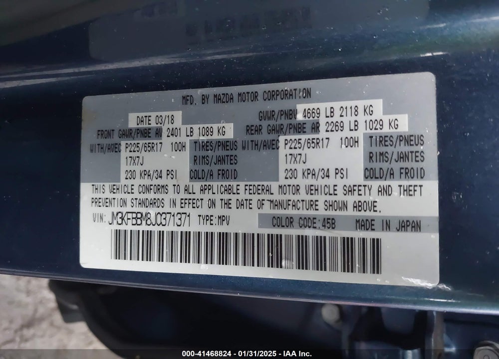 2018 MAZDA CX-5 SPORT VIN: JM3KFBBM8J0371371