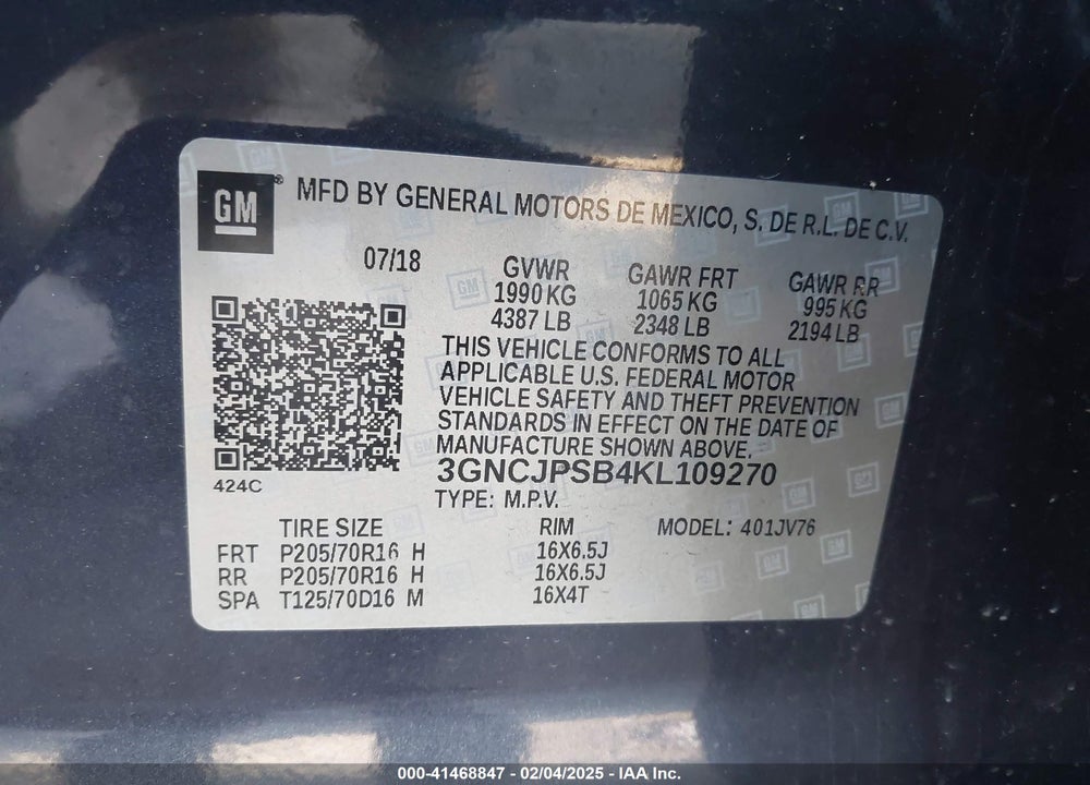 2019 CHEVROLET TRAX VIN: 3GNCJPSB4KL109270