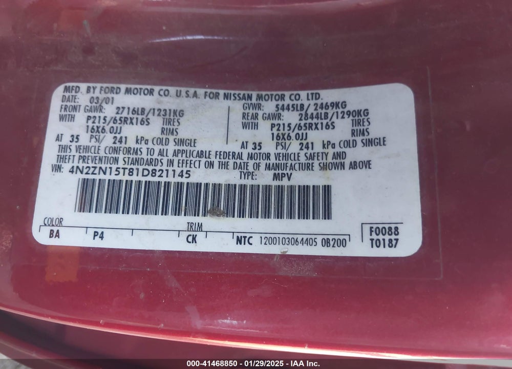 2001 NISSAN QUEST GXE VIN: 4N2ZN15T81D821145