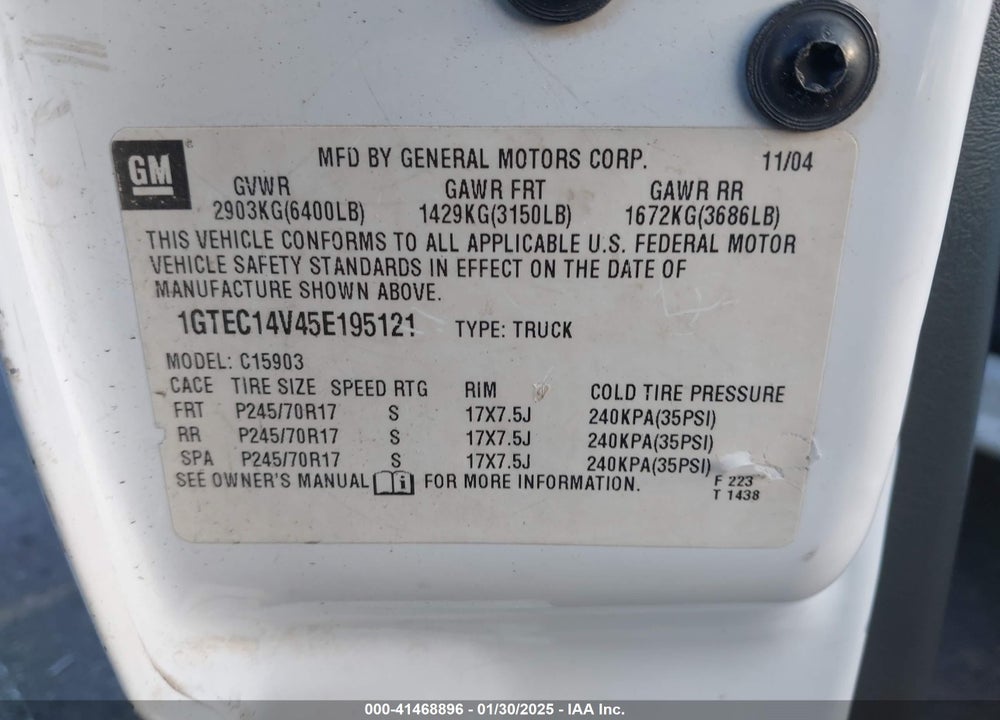 2005 GMC SIERRA 1500 WORK TRUCK VIN: 1GTEC14V45E195121