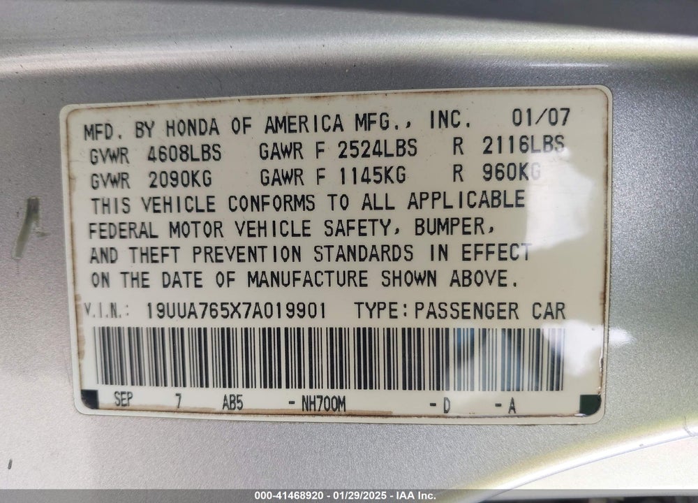 2007 ACURA TL TYPE S VIN: 19UUA765X7A019901