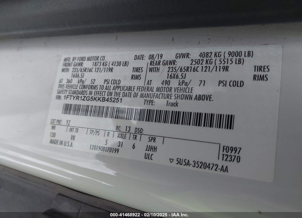 2019 FORD TRANSIT-250 VIN: 1FTYR1ZG5KKB45251