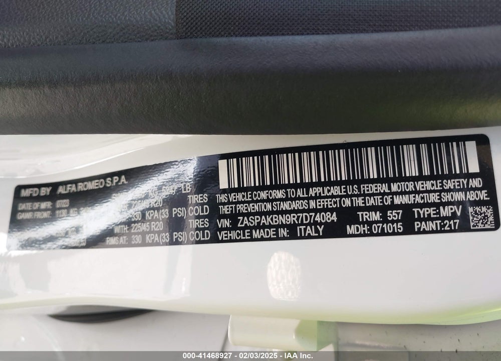 2024 ALFA ROMEO STELVIO VIN: ZASPAKBN9R7D74084