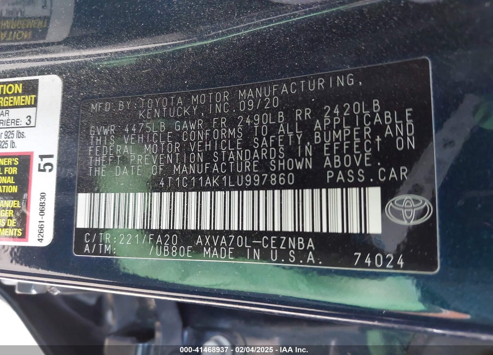 2020 TOYOTA CAMRY VIN: 4T1C11AK1LU997860