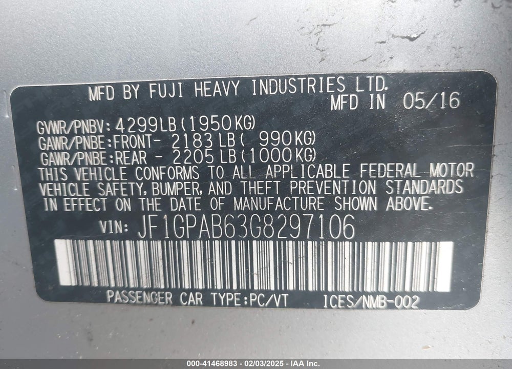 2016 SUBARU IMPREZA VIN: JF1GPAB63G8297106