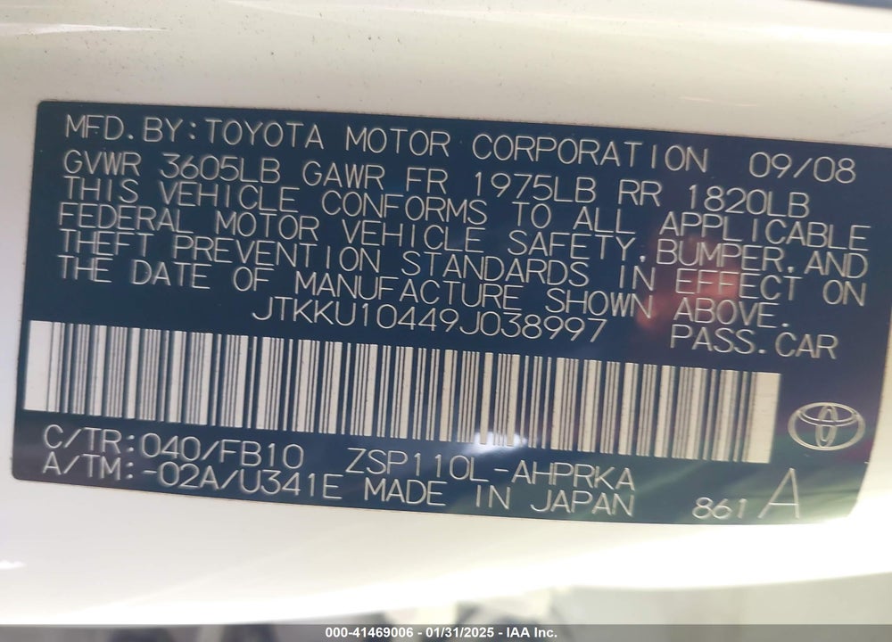 2009 TOYOTA SCION XD VIN: JTKKU10449J038997