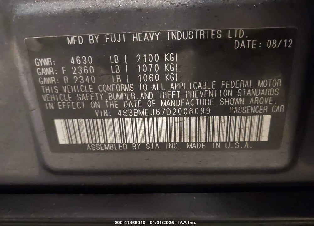 2013 SUBARU LEGACY VIN: 4S3BMEJ67D2008099