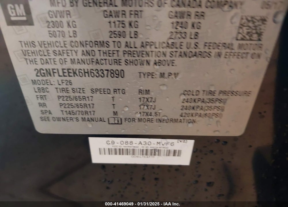 2017 CHEVROLET EQUINOX LS VIN: 2GNFLEEK6H6337890