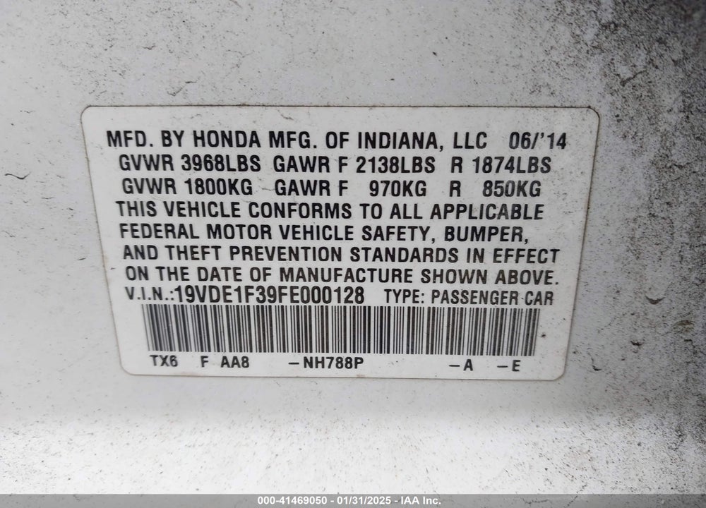 2015 ACURA ILX VIN: 19VDE1F39FE000128