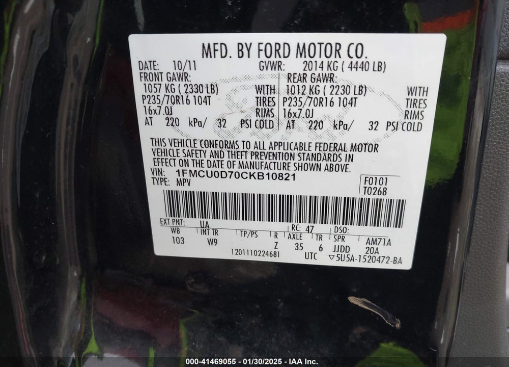 2012 FORD ESCAPE XLT VIN: 1FMCU0D70CKB10821