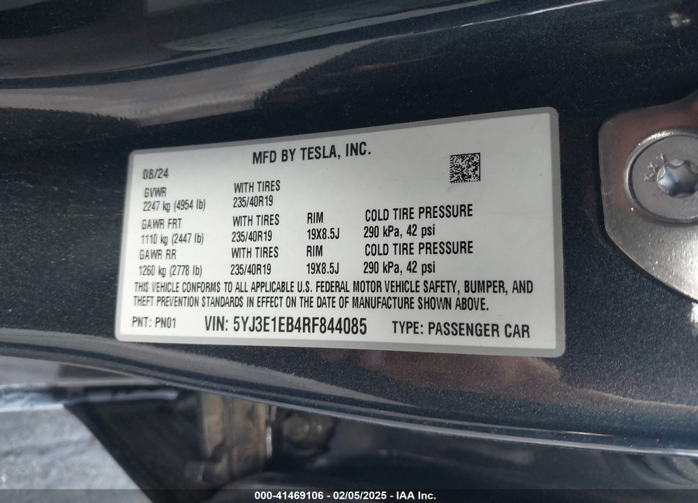 2024 TESLA MODEL 3 VIN: 5YJ3E1EB4RF844085