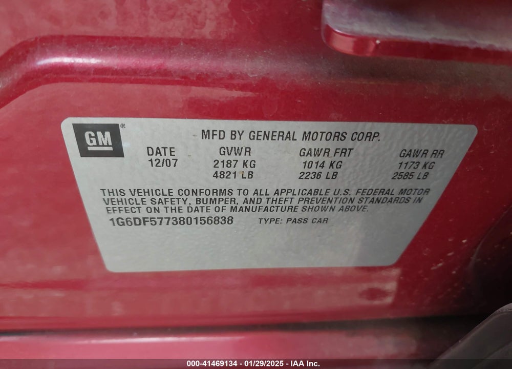 2008 CADILLAC CTS STANDARD VIN: 1G6DF577380156838