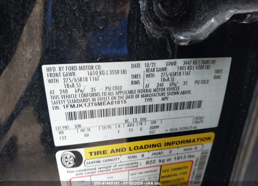 2021 FORD EXPEDITION VIN: 1FMJK1JT6MEA81815