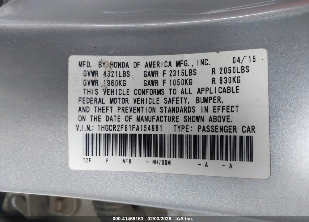 2015 HONDA ACCORD VIN: 1HGCR2F81FA154961