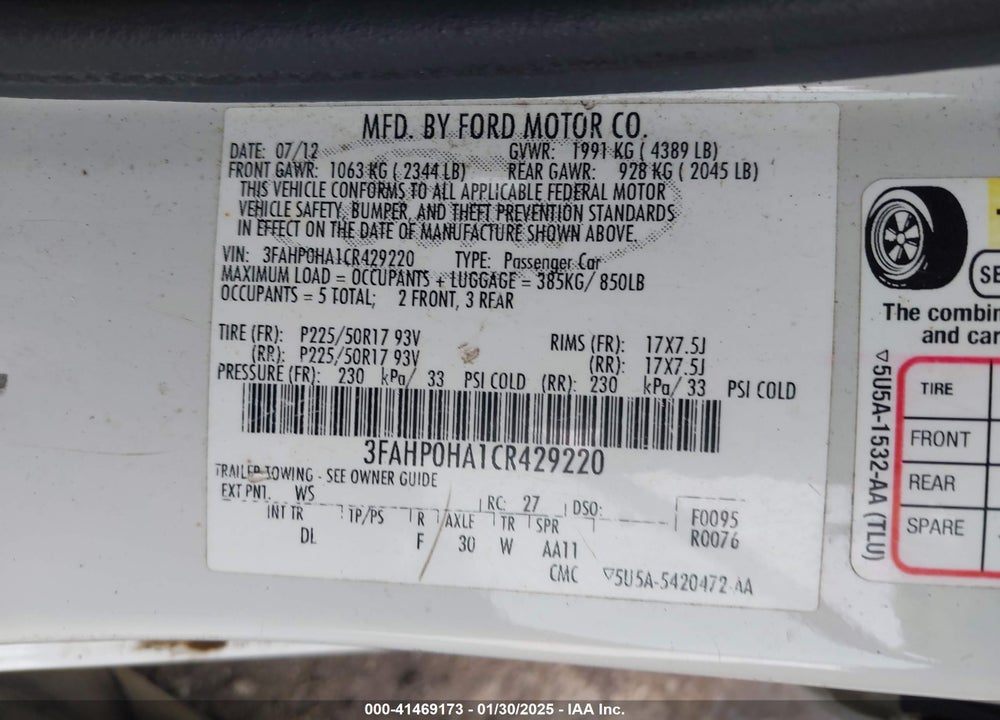 2012 FORD FUSION VIN: 3FAHP0HA1CR429220