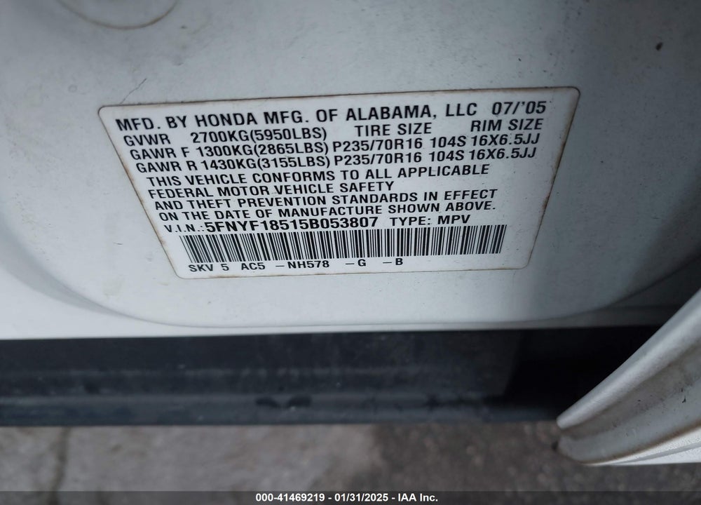 2005 HONDA PILOT EX-L VIN: 5FNYF18515B053807