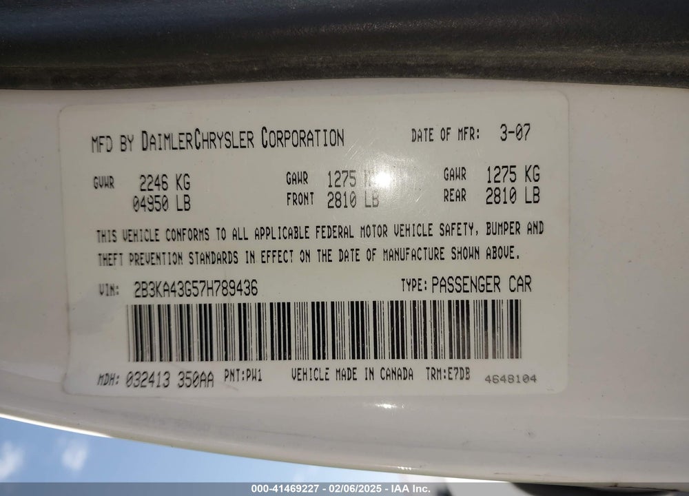 2007 DODGE CHARGER VIN: 2B3KA43G57H789436
