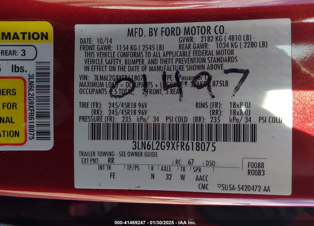 2015 LINCOLN MKZ VIN: 3LN6L2G9XFR618075