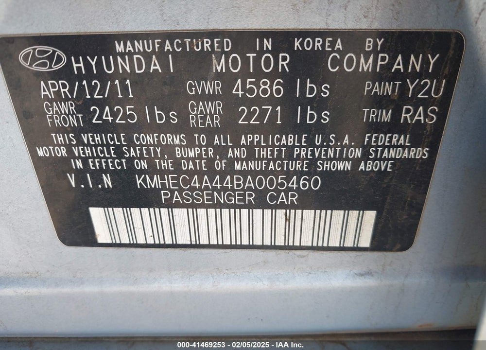 2011 HYUNDAI SONATA VIN: KMHEC4A44BA005460
