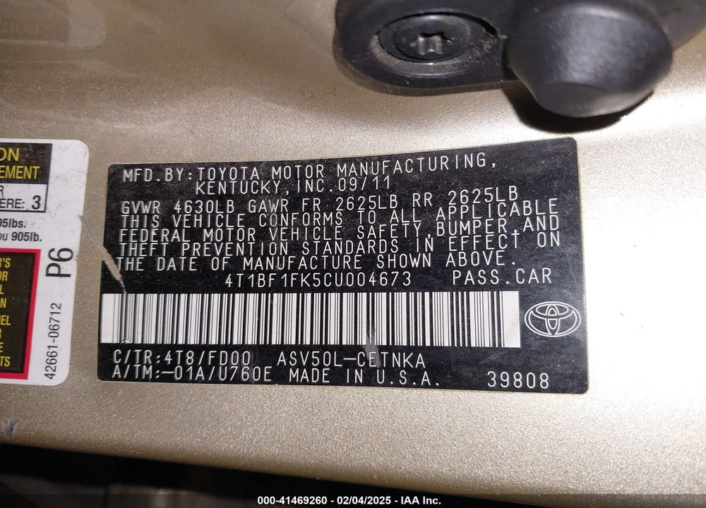 2012 TOYOTA CAMRY LE VIN: 4T1BF1FK5CU004673