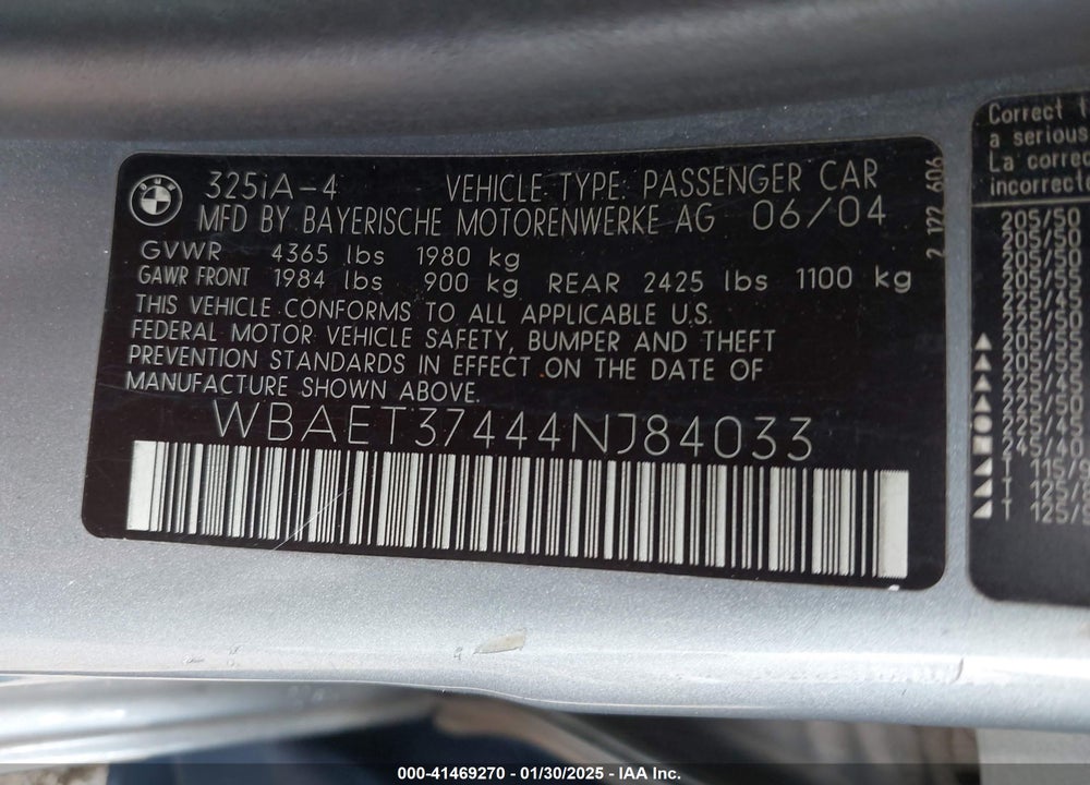 2004 BMW 325I VIN: WBAET37444NJ84033