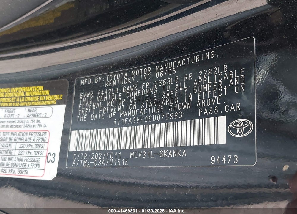 2006 TOYOTA CAMRY SOLARA VIN: 4T1FA38P06U075983