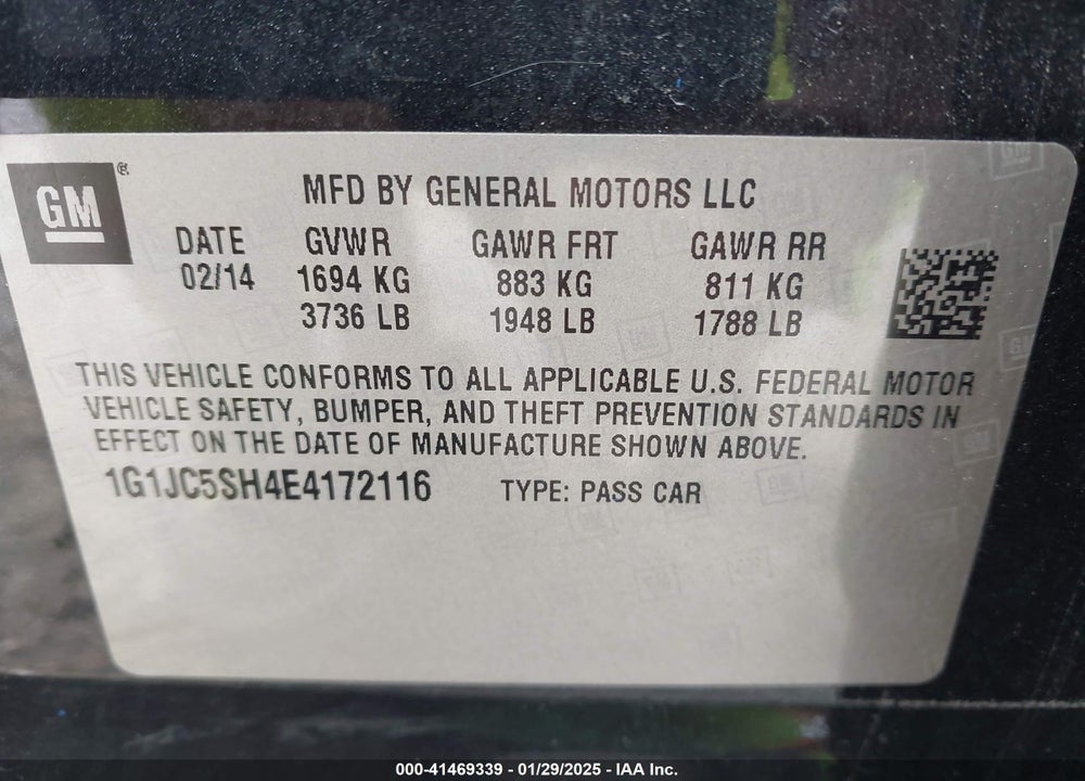 2014 CHEVROLET SONIC LT AUTO VIN: 1G1JC5SH4E4172116