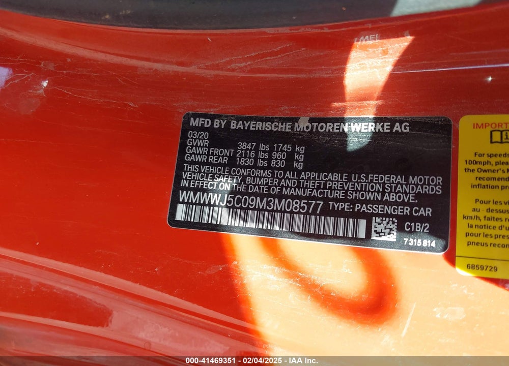 2021 MINI CONVERTIBLE COOPER S VIN: WMWWJ5C09M3M08577