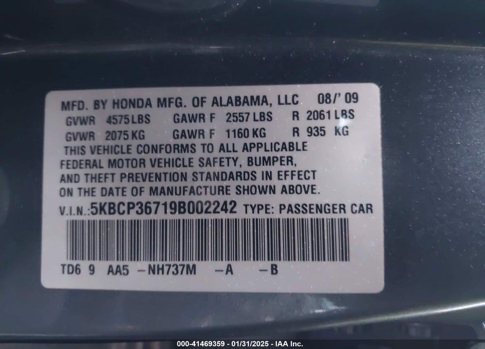 2009 HONDA ACCORD VIN: 5KBCP36719B002242