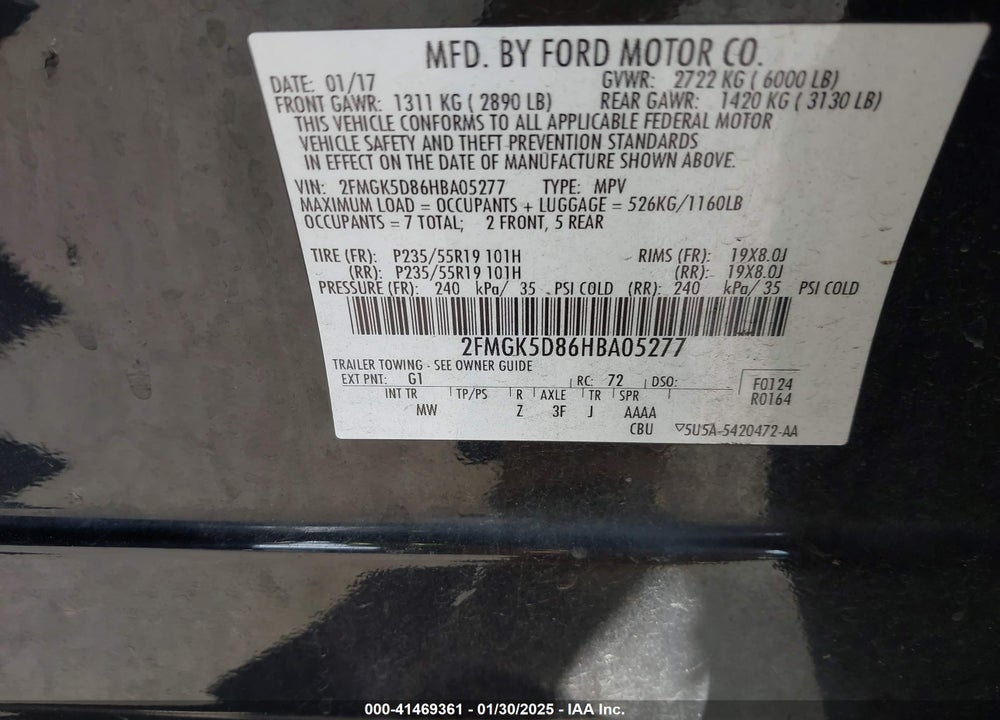 2017 FORD FLEX LIMITED VIN: 2FMGK5D86HBA05277