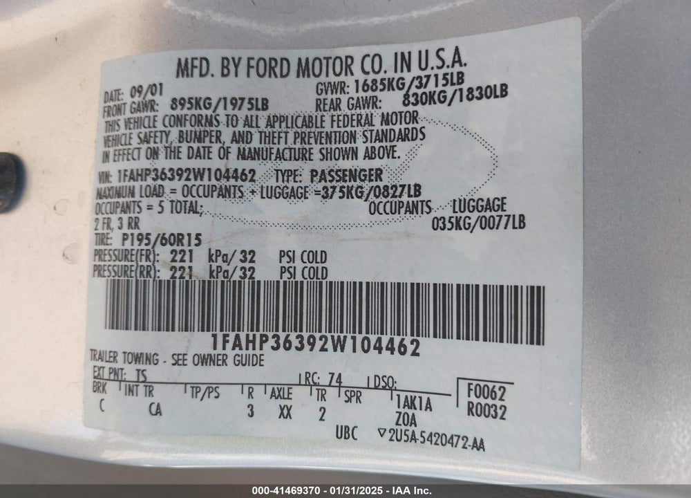 2002 FORD FOCUS SE/ZTW VIN: 1FAHP36392W104462